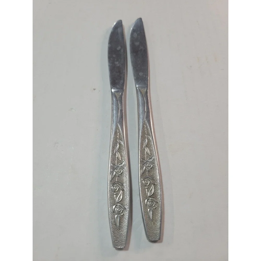 Vintage Geo S‎ Leiner Co Stainless Taiwan Rose Floral Dinner Knives Set of 2
